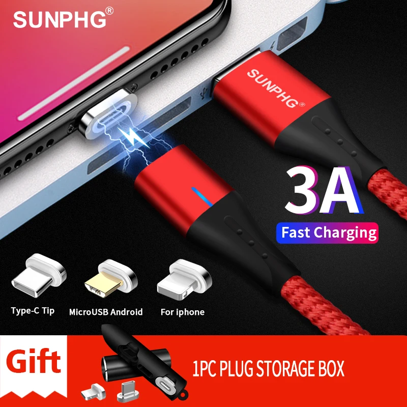 

SUNPHG Mobile Phone 3A Magnetic Cable Charger 2m Micro USB Fast Charging Type C Data Cable for iPhone Lightning xs xr Samsung S9