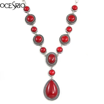

Retro Red Stone Y Necklace Tear Drop Silver Color Long Chain Y Necklace Pendant Silver Chain Necklaces jewelry 2020nke-k72
