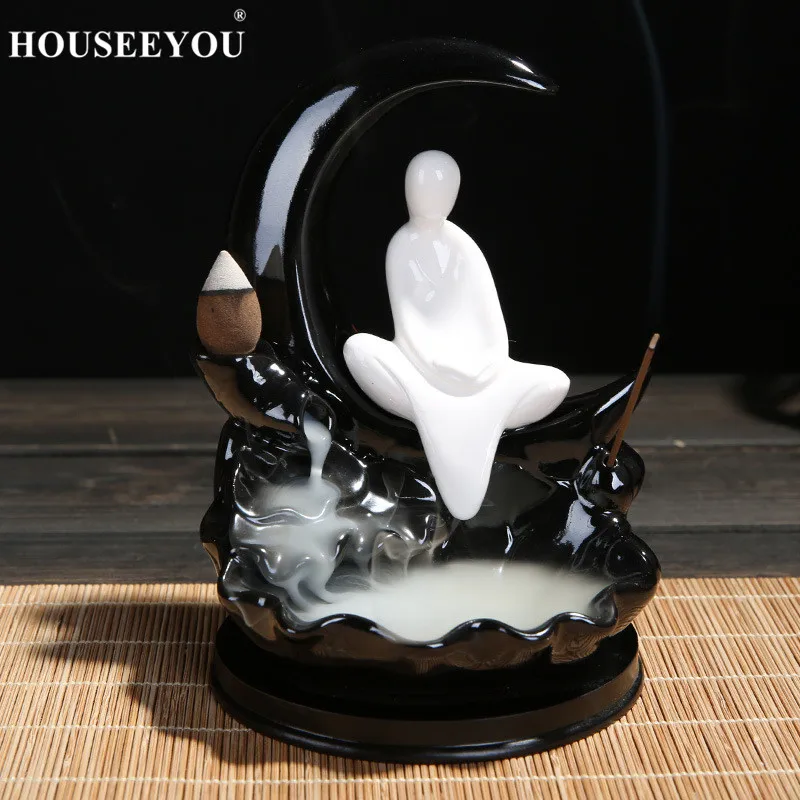 HOUSEEYOU керамический белый маленький Монах Будда обратный поток ладан горелка держатель домашний декор ароматерапия водопад Будда курильница - Цвет: Темный хаки