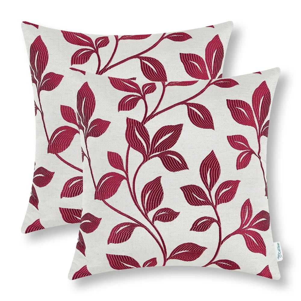 

2PCS CaliTime Cushion Cover Pillows Shell Home Sofa Decor Bedding Burgundy Big Leaves Pillow Case 18" X 18" for Cojines Coussin