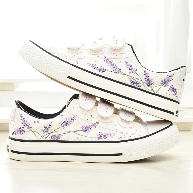 

Gba Lavender New 2018 Spring Shoes Woman Women Hand-Painted Canvas Shoes Chaussure Rihanna Hook & Loop Vulcanized Board Shoes