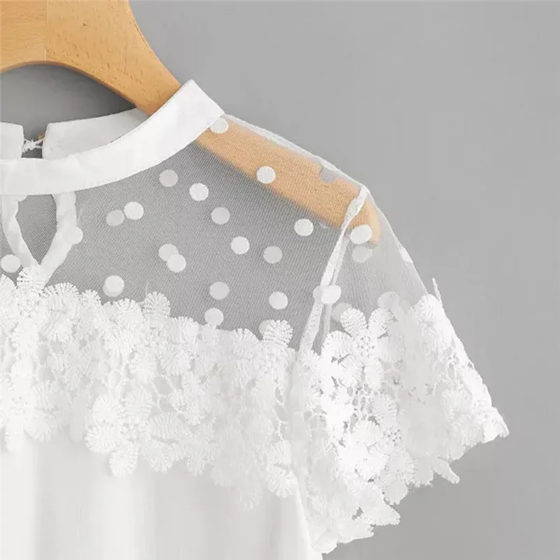 Fashion womens tops and blouses summer 2018 Short Sleeve Chiffon Lace Blouse Tops Clothes White T Shirt camicette Y16#N  (2)