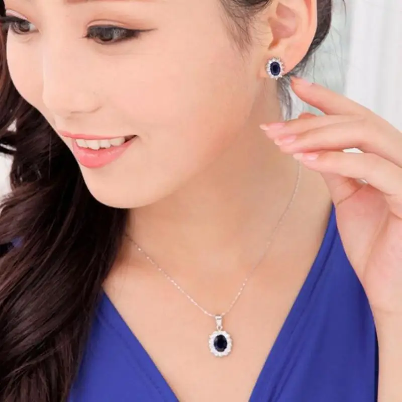 The New High-grade Navy Blue Suit, Blue Royal Princess Same Paragraph Imitation Gemstones Earrings Necklace Set Wholesale - Image 2