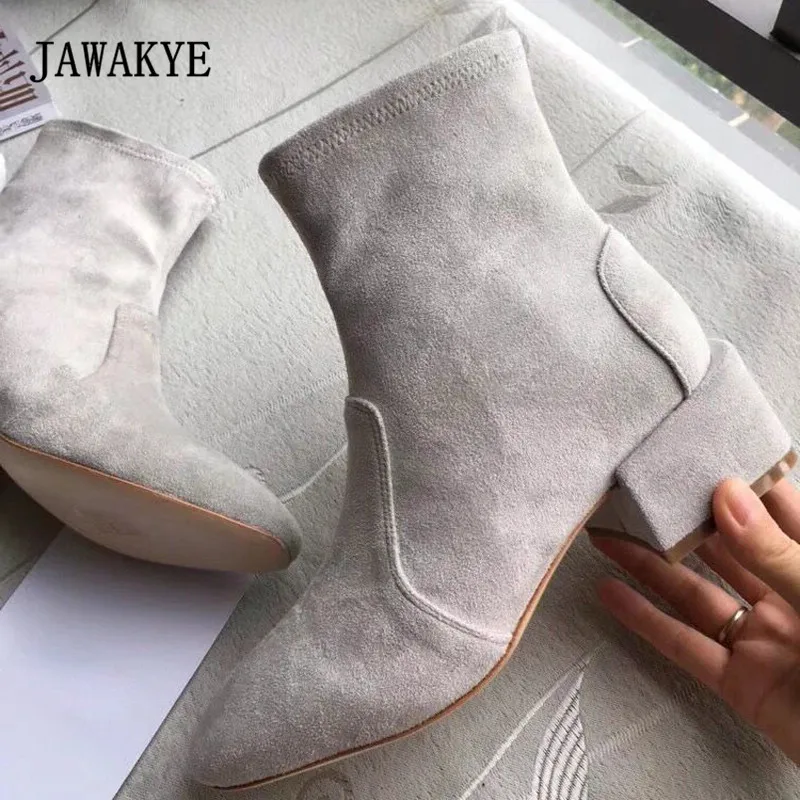 

2018 Newest Real Suede Stretch Ankle Boots Woman Pointed Toe Chunky High Heel Boots Woman Fashion Martin Boots