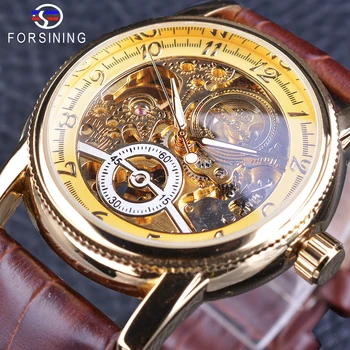 

Forsining Classic Royal Retro Series Golden Case Skeleton Watch Brown Genuine Leather Men's Automatic Creative Watch Clock Male
