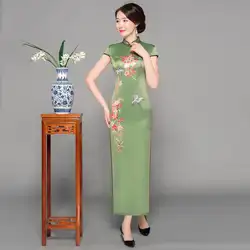 Новый стиль зеленый с цветочным принтом Для женщин тонкий Cheongsam Атлас Винтаж китайское платье Sexy Lady высокой Разделение Qipao Плюс Размеры M-XXXL