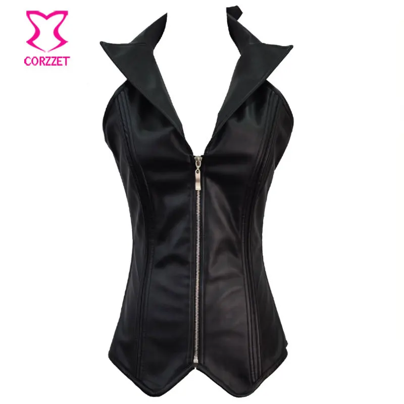 Corstory/черная блузка со шлейкой из искусственной кожи с глубоким v-образным вырезом, корсет и бюстье в стиле стимпанк, женский жилет а готическом стиле - Цвет: Black