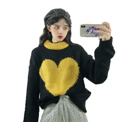 Harajuku для женщин пуловер Топ Зима Цвет Соответствующие Сердце жаккард контраст с длинным рукавом негабаритных толстый свитер