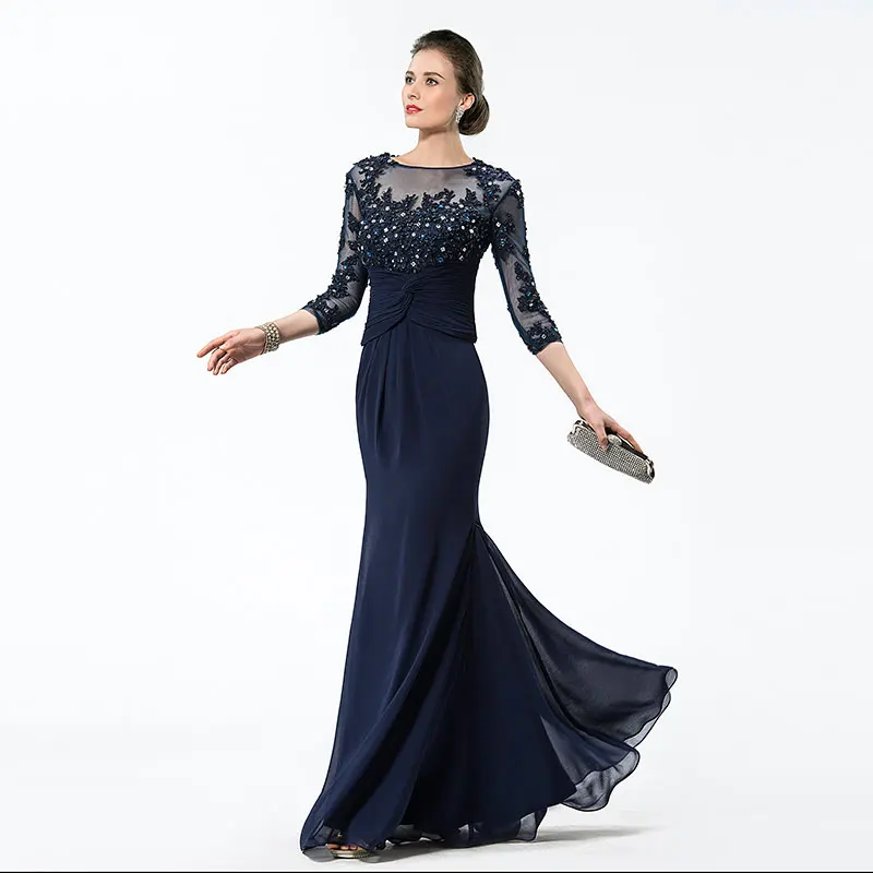 

Tanpell Elegant Evening Dress Bateau Neck Appliques 3/4-Length Sleeves Woman Party Gown Floor Length Sheath Long Evening Dress