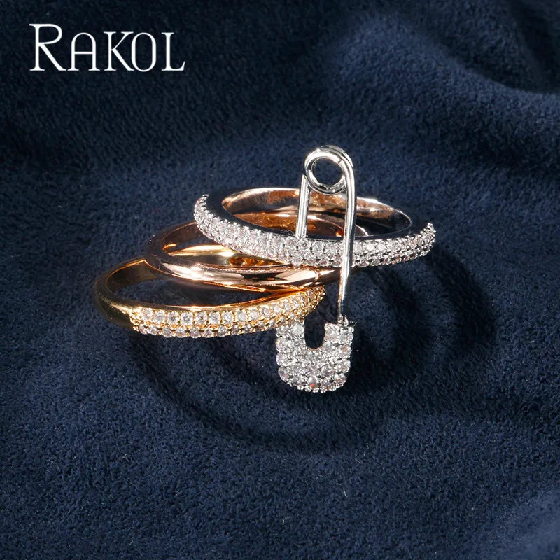 

RAKOL Wide Pin Cubic Zironia Pave Setting Finger Rings Set For Women Female Party Accessories Anel Anillos Mujer Bague