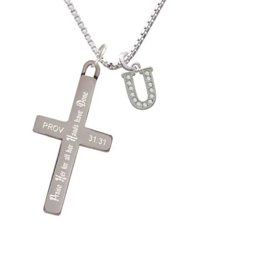 Small Crystal Initial - U - - Praise Her - Cross Necklace (1)