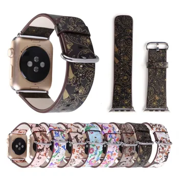 

Flower Prints Leather Strap for Apple Watch Series 1/2/3 Watch Band with Adapters for iWatch Women's Bracelet 38mm 42mm #FWH
