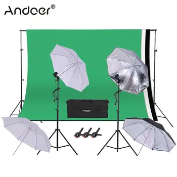 

Andoer 1.6*3m/5.2*9.8ft Studio Lighting Kit w/45W 230V Bulb + Swivel Socket + Light Stand + Umbrella + Background Stand + Clamp