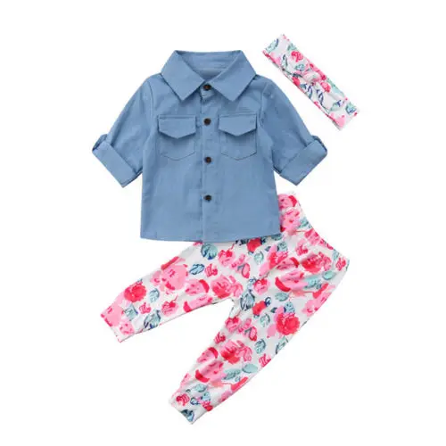 2018 Одежда для маленьких девочек комплект 3 шт. топы с длинными рукавами Джинсовая блузка рубашка штаны с цветочным принтом, леггинсы наряды