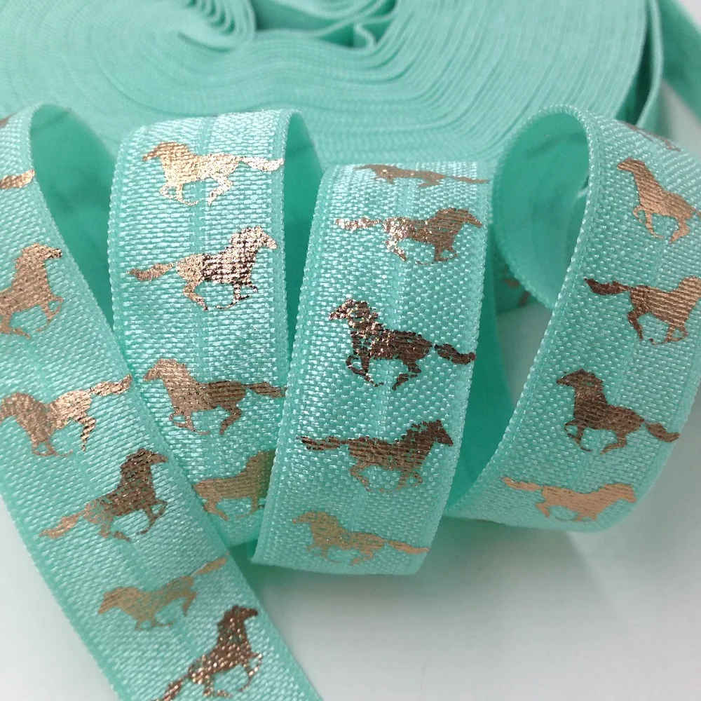 

5 Yards 5/8 Mint Rose Gold Horse printed Fold Over Elastic,DIY handmade accessories, elastic strap trim