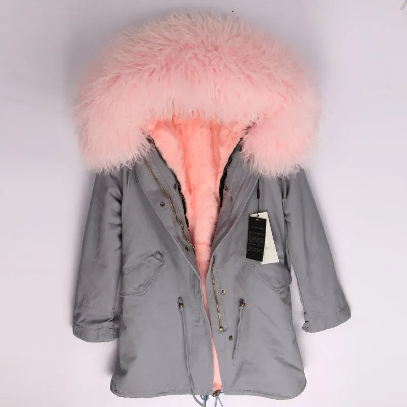 OFTBUY пальто с натуральным мехом, зимняя куртка, Женская длинная парка, воротник из натурального меха монгольской овцы, капюшон, подкладка из натурального кроличьего меха, уличная одежда - Цвет: grey pink