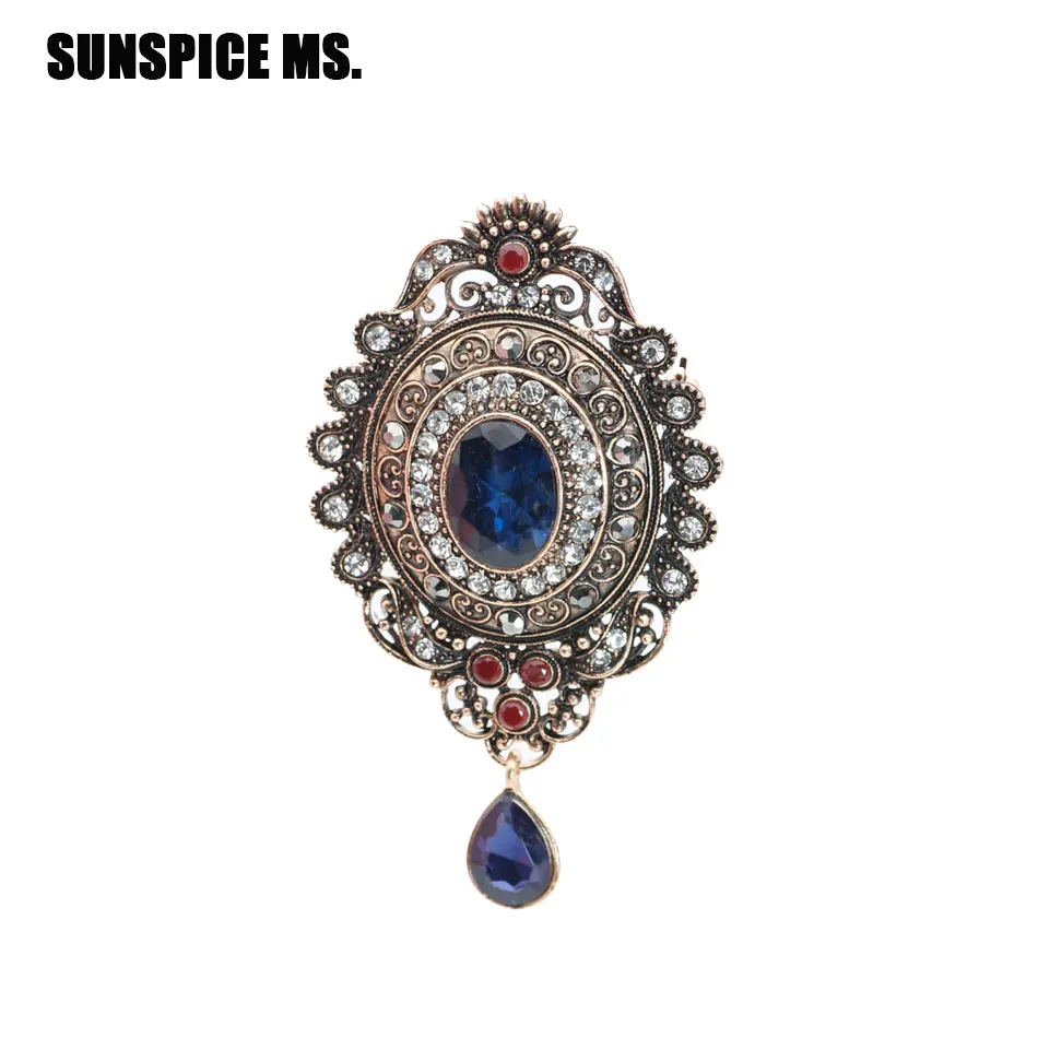 SUNSPICE-MS, Винтажная брошь на булавке для женщин, античный золотой цвет, капля воды, подвеска из смолы, этнические свадебные украшения, нагрудный шарф, корсаж - Окраска металла: FA332BLUE