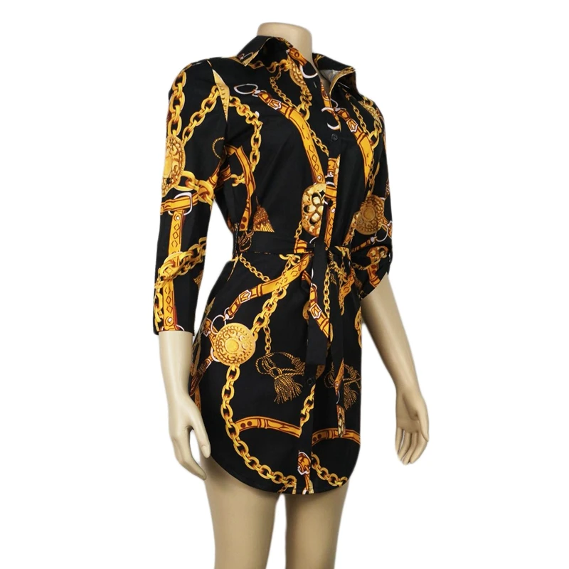 Модная женская блузка со средним рукавом и цепным принтом, платье и топы с отворотом, на шнуровке, на пуговицах, летняя рубашка, повседневные топы, короткое платье