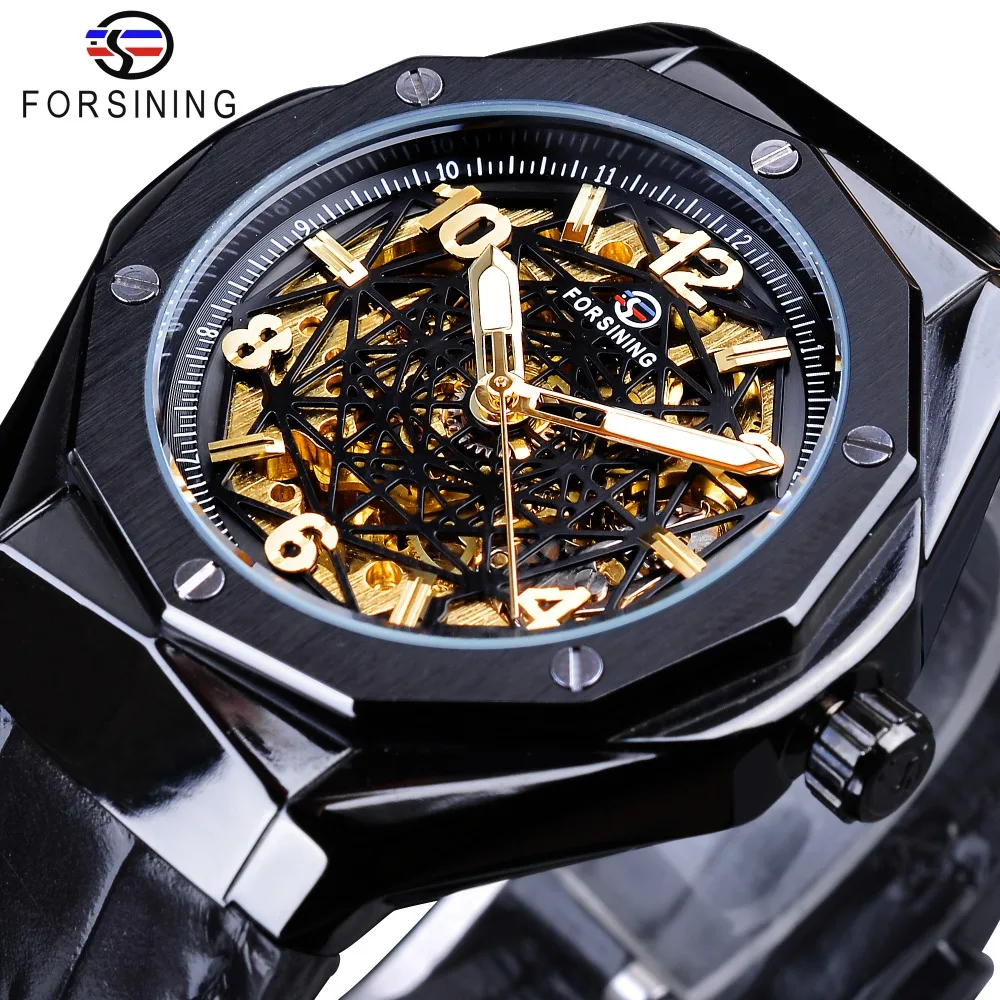 

Forsining 2019 Black Golden Skeleton Irregular Shape Genuine Leather Waterproof Automatic Watches for Men Top Brand Luxury