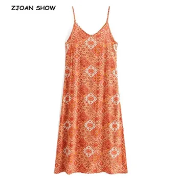 

2019 New BOHO Orange Totem Floral Print Spaghetti Strap Dress Ethnic Woman Hem Side Split Sling Holiday Dresses Beach Vestidos
