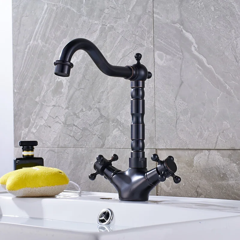 Dual Handle Swivel Bathroom Kitchen Sink Faucet Antique Brass Mixer Tap With Hot And Cold Water Deck Mounted basin faucet bathroom faucet kitchen faucet