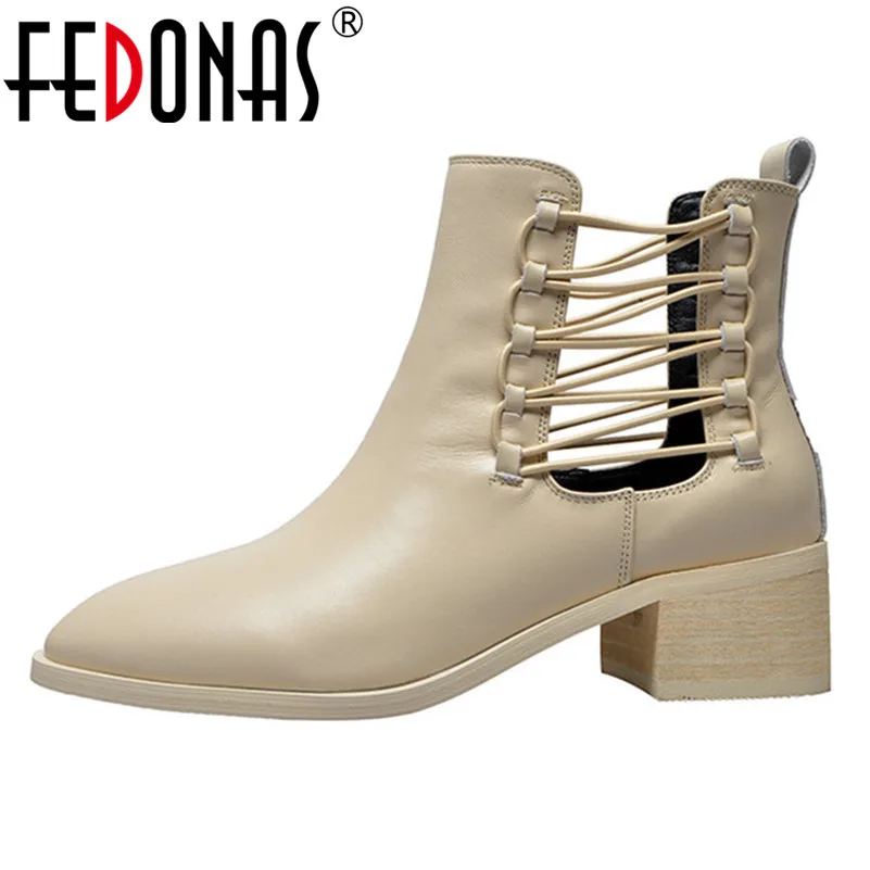

FEDONAS 2020 Autumn Winter New Women Ankle Boots Genuine Leather High Heels Shoes Woman Cross-tied Party Short Chelsea Boots