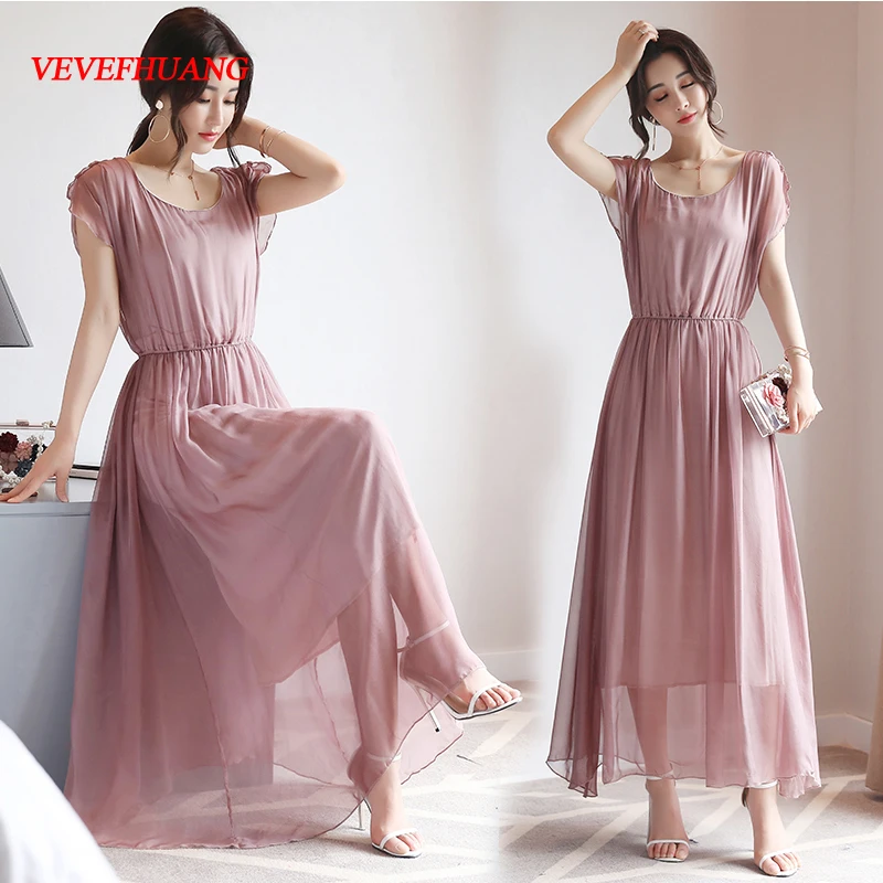 

New Spring Summer Women dress Slim Loose Pretty Heavy Silk Long Dresses Gray Black Pale Pinkish Grey L0981