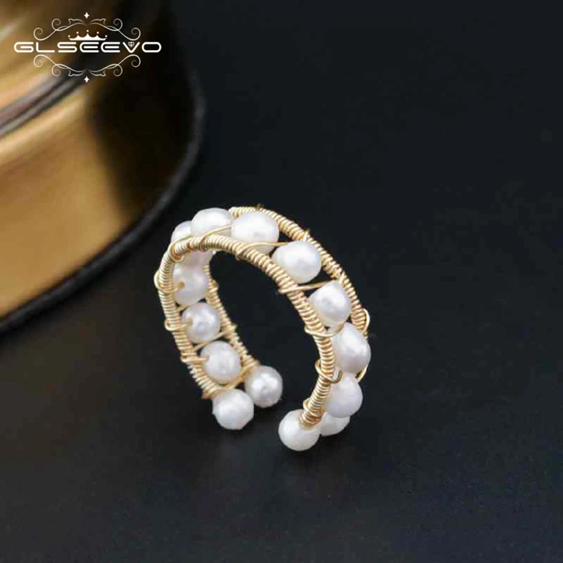 

GLSEEVO Natural Fresh Water Baroque White Pearl Adjustable Ring For Women Handmade Wedding Ring Fine Jewelry Bague Female GR0189