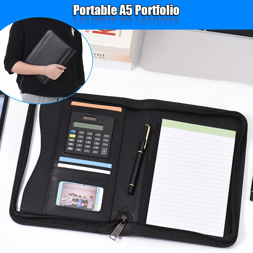 Padfolio Folder A5 PU Leather Business Document Case Organizer Zippered Closure with Calculator Card Holder Memo | Канцтовары для