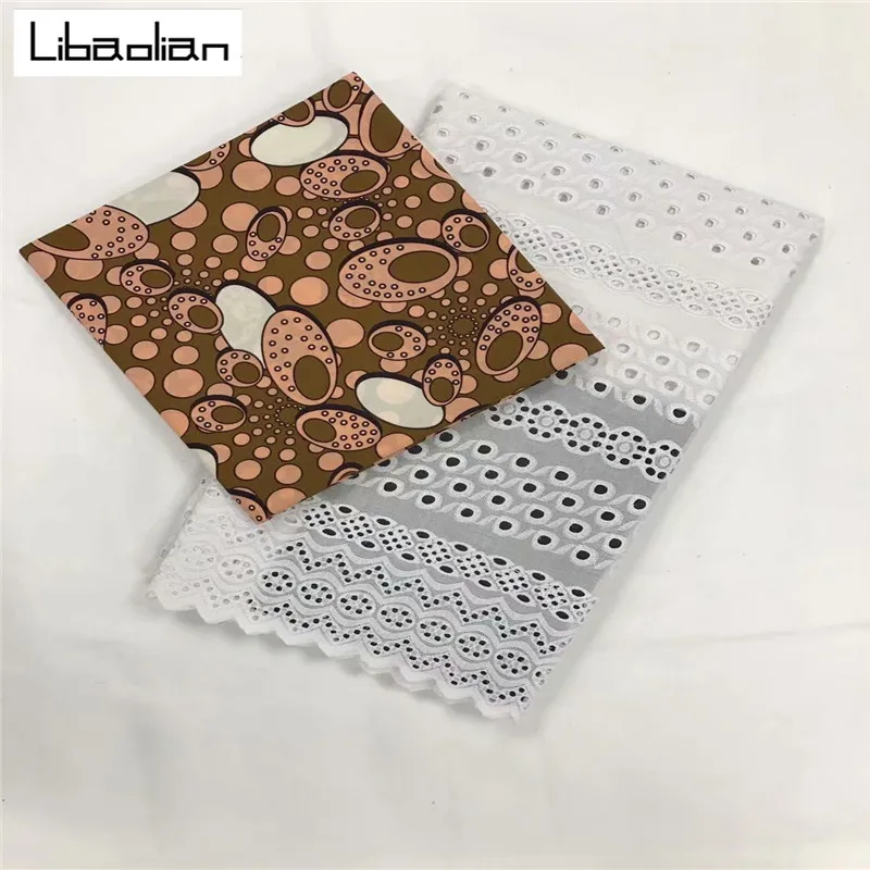 

2.5+3 java wax Perforated 100%cotton lace fabric 2019 latest heavy embroidery African java wax cotton popular Dubai style B96-28