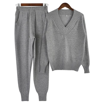 

Taotrees autumn and winter ladies fashion sweater + pants 2 piece set V-neck sweater warm and comfortable sports casual wear
