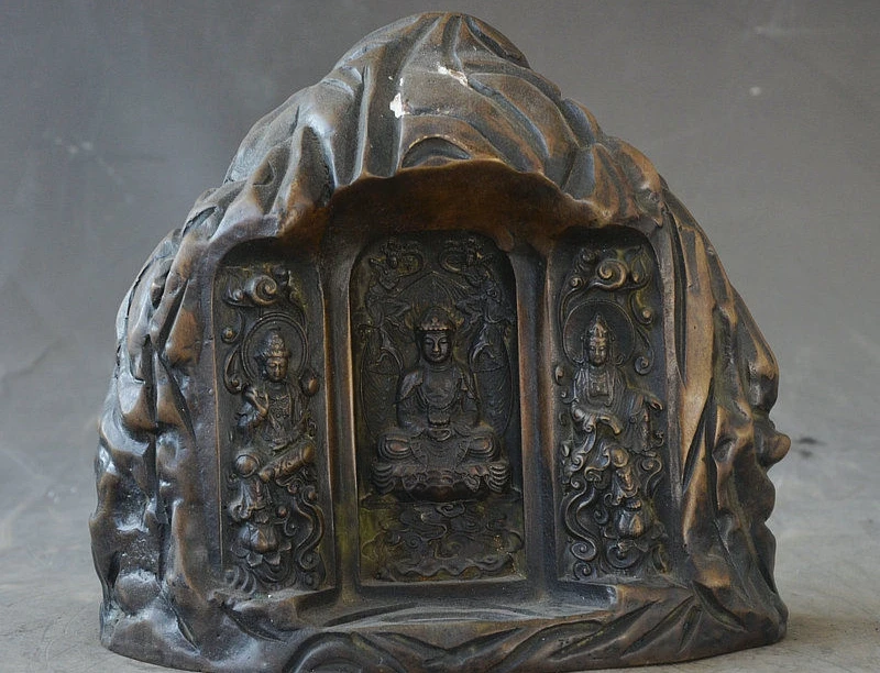 

7" Rare Tibet Buddhism Bronze Shakyamuni Guanyin Kwan-Yin Buddha mountain Statue