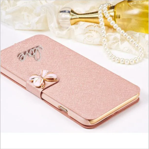 

Luxury PU leather Flip Silk Cover For Sony Xperia E4 E2104 E2105 E4 Dual E2115 E 4 Phone Bag Case Cover With LOVE & Rose Diamond