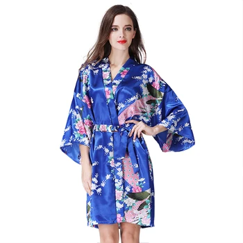 Bride Bridal Wedding Robe Dress Gown Women Print Flower Kimono Geisha Nightgown Short Sexy Nightwear Bathrobe Sleepwear S-XXXL flower print fringe hem kimono