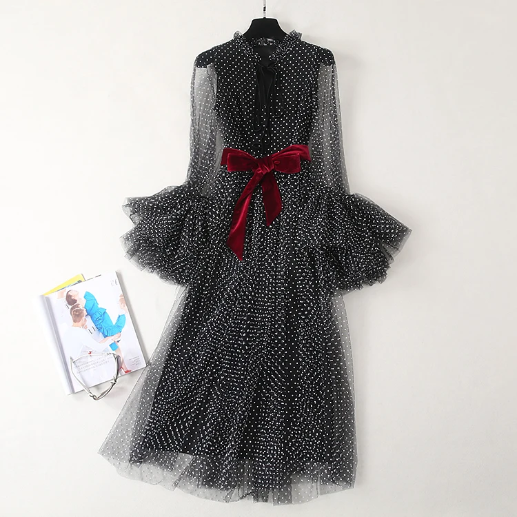 

Top Quality New Celebrity Inspired Party 2019 Spring Summer Dress Women Polka Dot Pattern Cloak Sleeves Black Mesh Dress Vintage