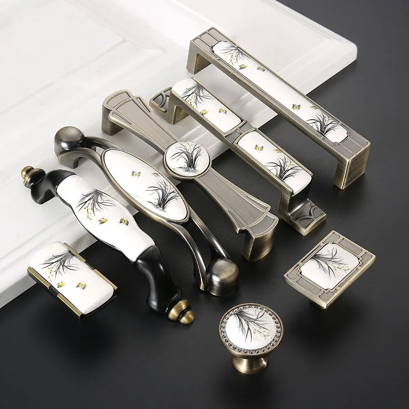 

New Design Antique Bronze Ceramic Cabinet Handles Zinc Alloy Drawer Knobs Wardrobe Door Handles European Rural Handle