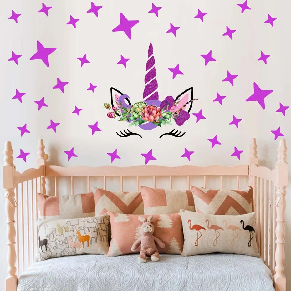 cartoon-Unicorns-flower-Wall-Stickers-DIY-Stars-Cute-flower-Animals-Vinyl-Home-wall-Decals-kids