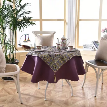 

Latest 2 pcs/set 140cm Luxury Purple Embroidery Round Table Cloth for Wedding Home Decor Fashion Elegant Golden Teapoy Cover