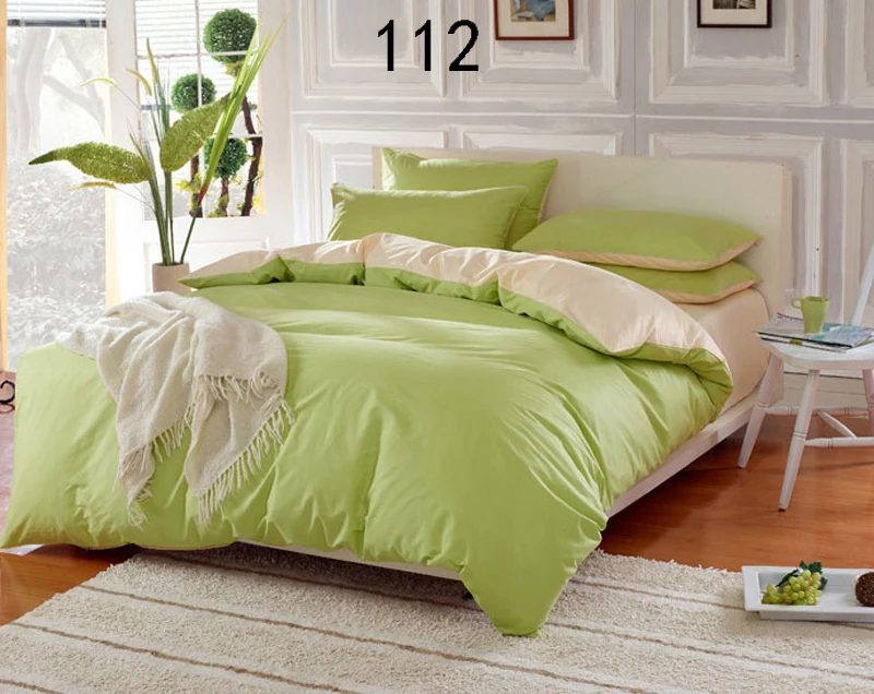 Solid Splice Apple Green Beige Cotton Bedclothes Set Home Bedding Set 3D 4Pcs Duvet Cover Quilt