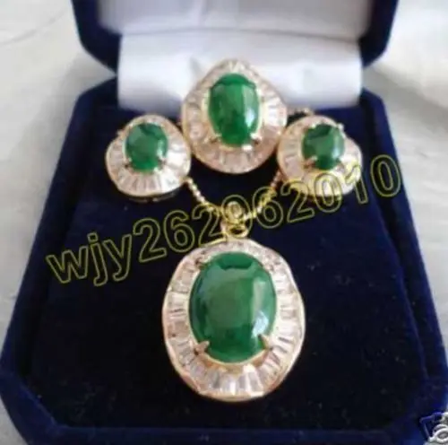 

FREE SHIPPING>>@> elegant green jade inlaid Zircon Necklace Earrings Ring Set AAA 18K GP gold plated watch Quartz stone crystal