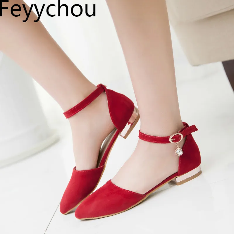 

Women Pumps Shoe Low Heel Flock Pointed Toe Buckle 2018 Summer New Sexy Fashion Sweet Casual Office Wedding Beige Black Blue Red