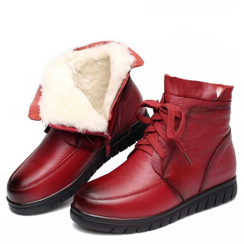 

2019 Women Snow Boots Vintage Genuine Leather Natural Wool Fur Winter Warm Ankle Boots For Women Flat Mother Shoes