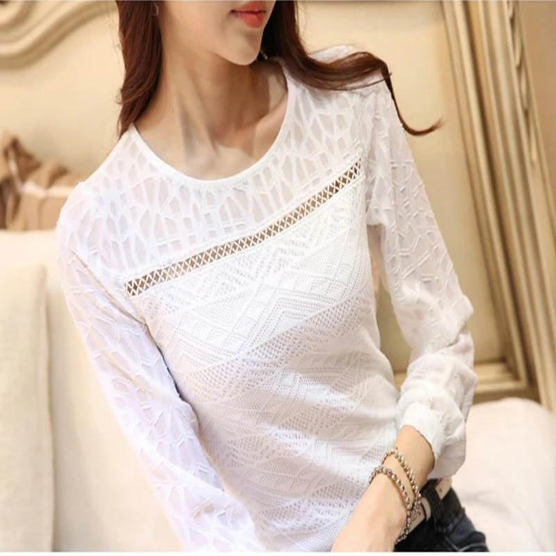 New Fashion Casual Women Long Sleeve Lace font b Blouses b font White Autumn Winter Elegant