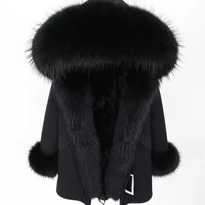 Пальто с натуральным мехом, зимняя женская куртка, воротник из натурального меха енота, подкладка из кроличьего меха, Толстая теплая уличная одежда, бренд класса люкс, отстегивается - Цвет: full black A