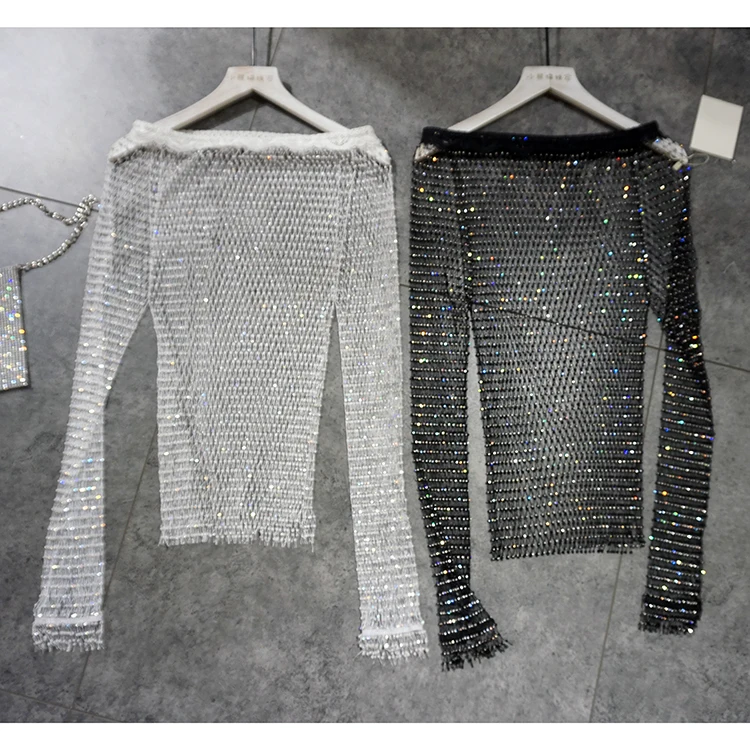 Cakucool Женская Кружевная блуза с вырезом-лодочкой, с длинным рукавом, прозрачная, алмазная, бисероплетенная, рыболовная футболка из сетки, тонкие сексуальные вязаные топы для женщин