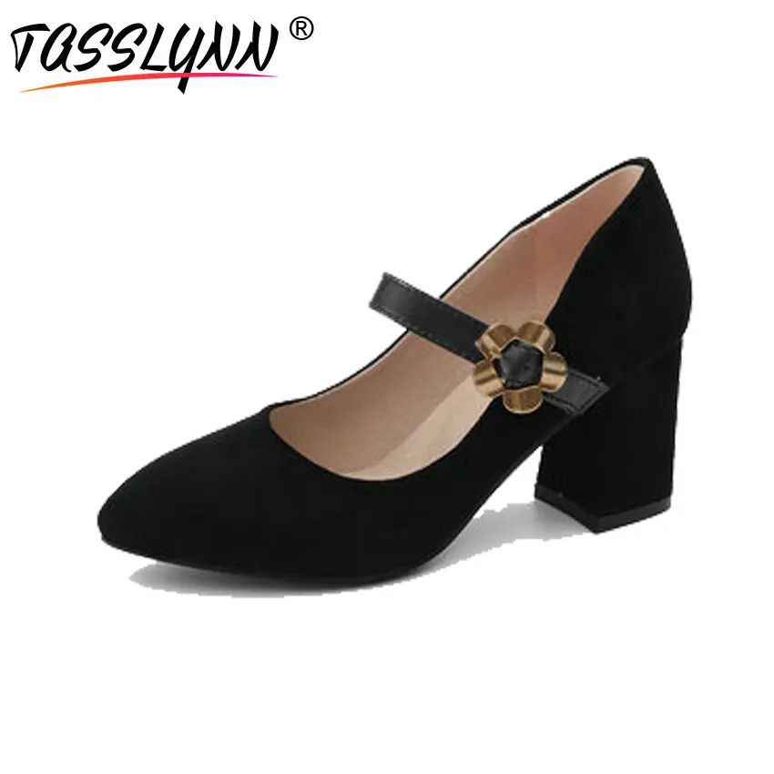 

TASSLYNN 2018 Women Pumps Flower Buckle Strap Pointed Toe Square High Heels Shoes Elegant Retro Style Shoes for Women Size 34-43