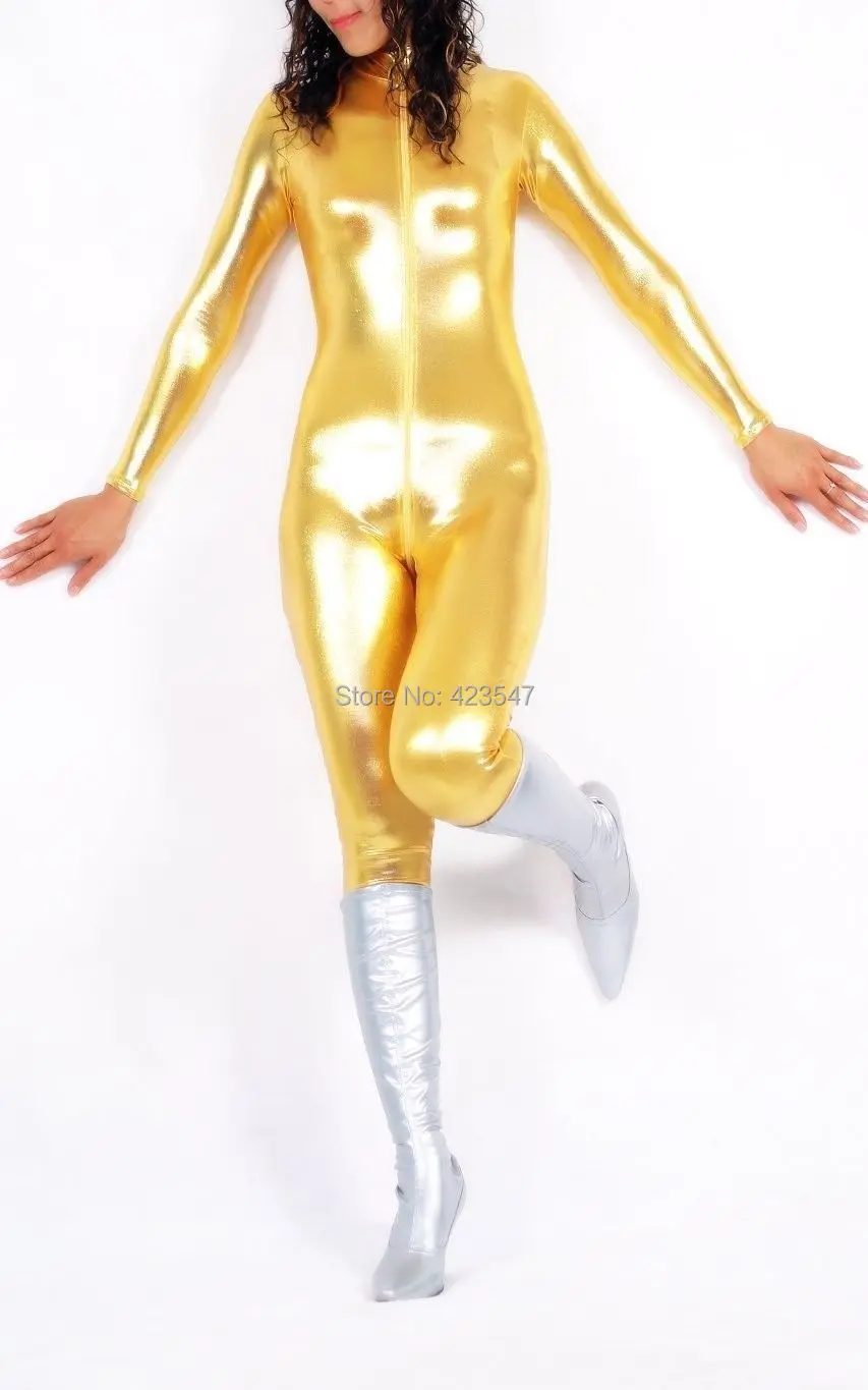 Блестящий металлический золотой костюм зентай костюм для Хэллоуина