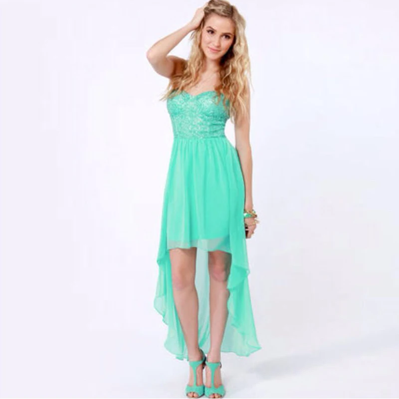 Mint Green High Low Lace Chiffon Bridesmaid Dresses Short ...