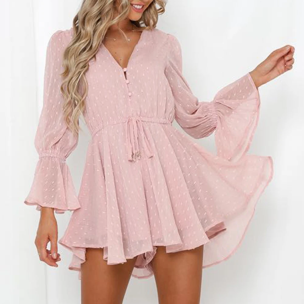 

Tosheiny 2019 Women Sexy V Neck Speaker Sleeve Dot Rompers Elegant Solid Color Playsuit DM2001
