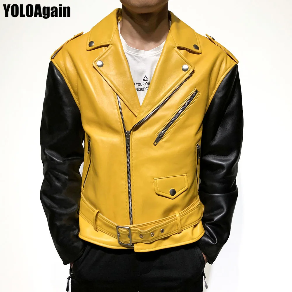 YOLOAgain Men's genuine leather jacket Male long sleeve zipper real sheep leather jacket